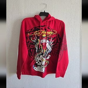Ed Hardy Eagle Skull Snake New York Red Hoodie Pullover Men's L #EHM1300-26.